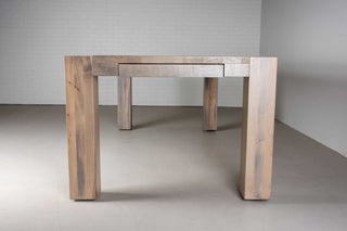 extendable farmhouse kitchen table in rustic maple on modern parsons base