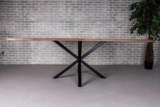 large square walnut table on steel starburst base