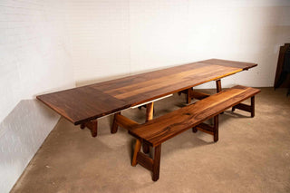 large walnut extension table with benches