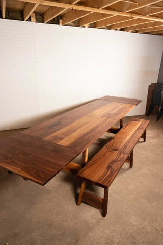 large walnut extension table with benches