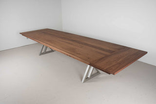 large 10 foot walnut extendable dining table on nickel zionz legs