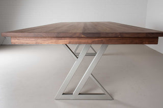 large 10 foot walnut extendable dining table on nickel zionz legs