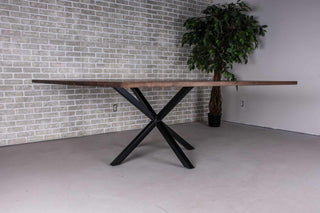 large square walnut table on starburst base