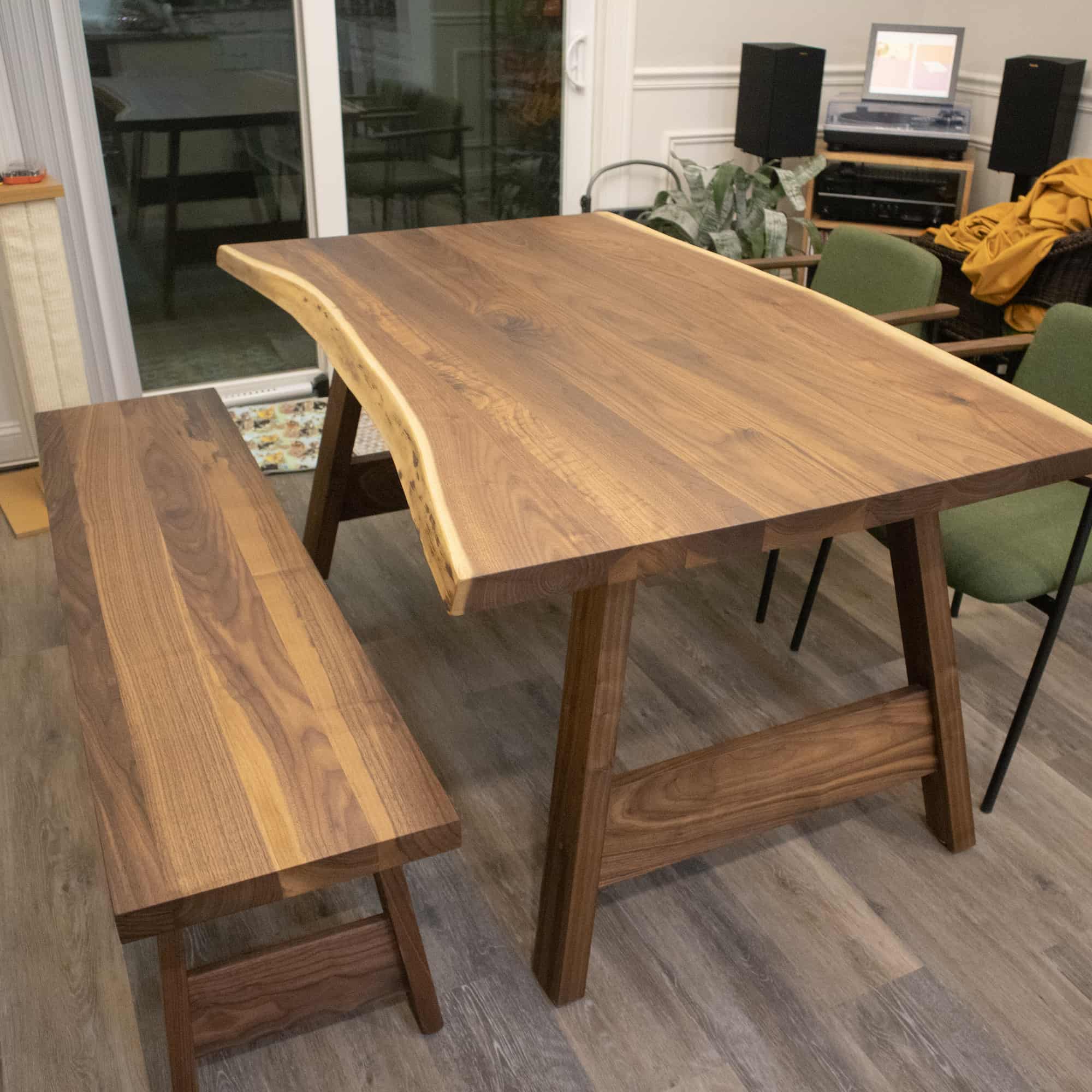 live edge walnut table with bench