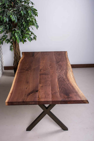live edge walnut table on bronze steel legs