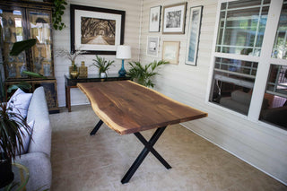 live edge walnut table on steel X legs