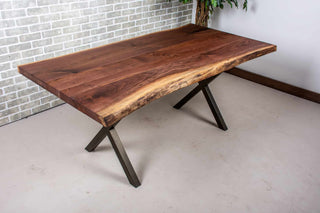 live edge walnut table on bronze steel X legs