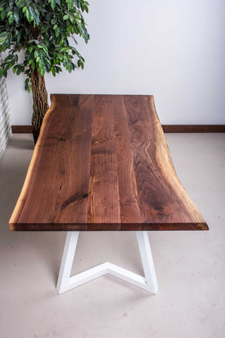 live edge walnut table on white steel chandler legs