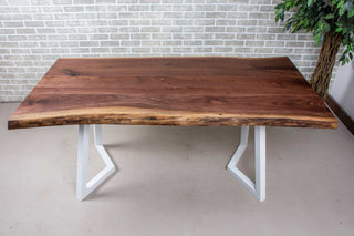 live edge walnut table on white steel chandler legs
