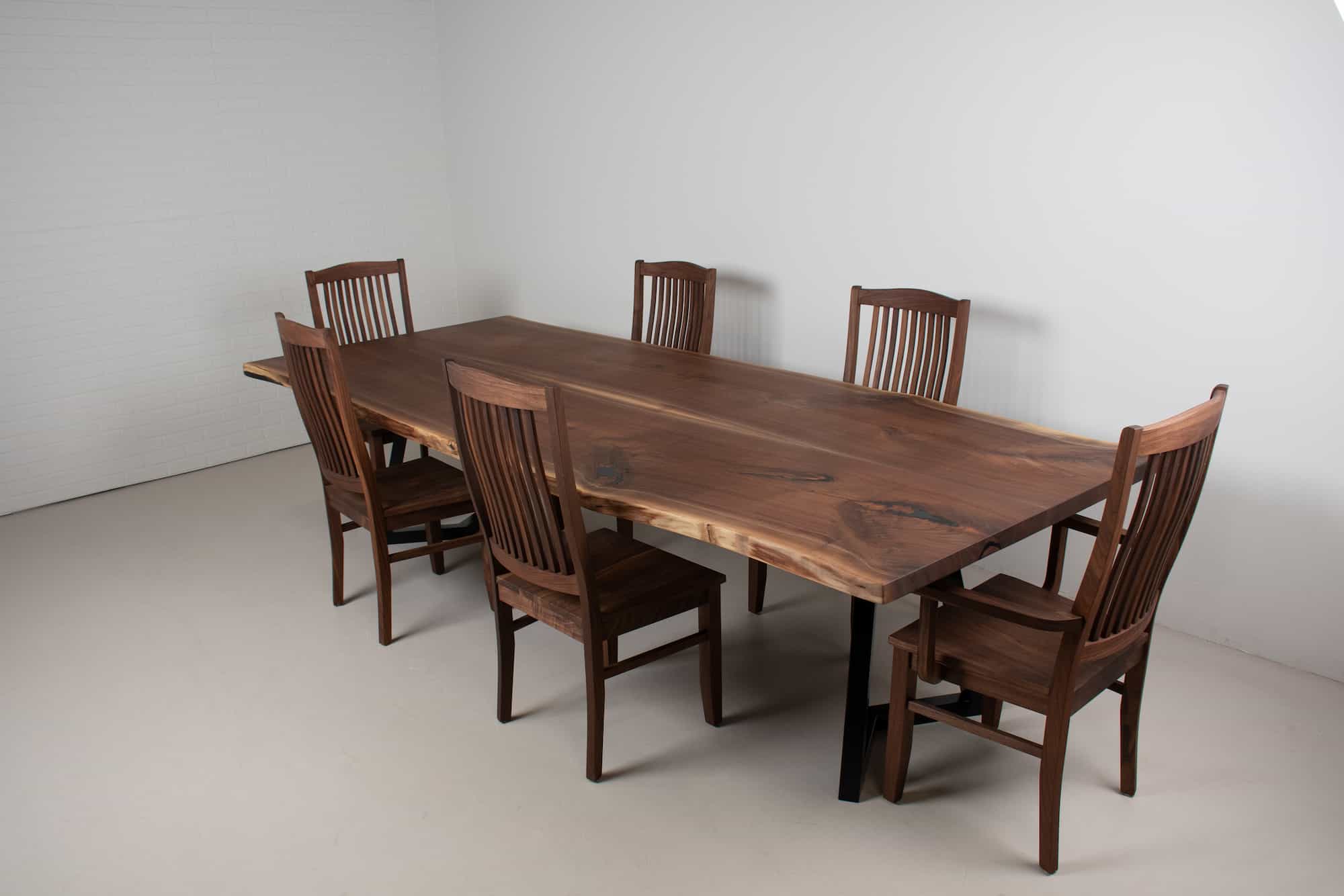 live edge walnut table with dining chairs