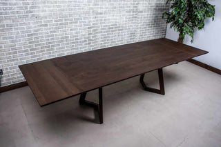 maple end extension table in espresso on wood legs