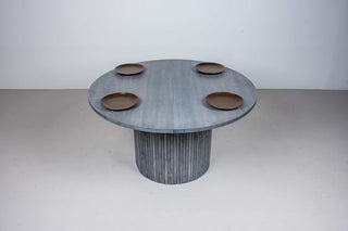 maple round extension table in gray on pedestal base