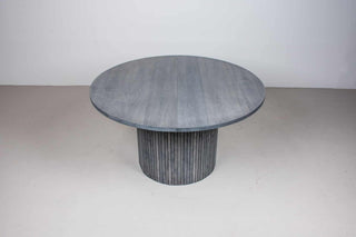 maple round extension table in gray on pedestal base