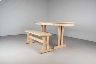 narrow expandable wood kitchen table with bench in custom natural finish