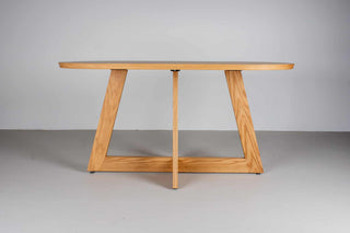 natural oak racetrack oval table on moraine pedestal base