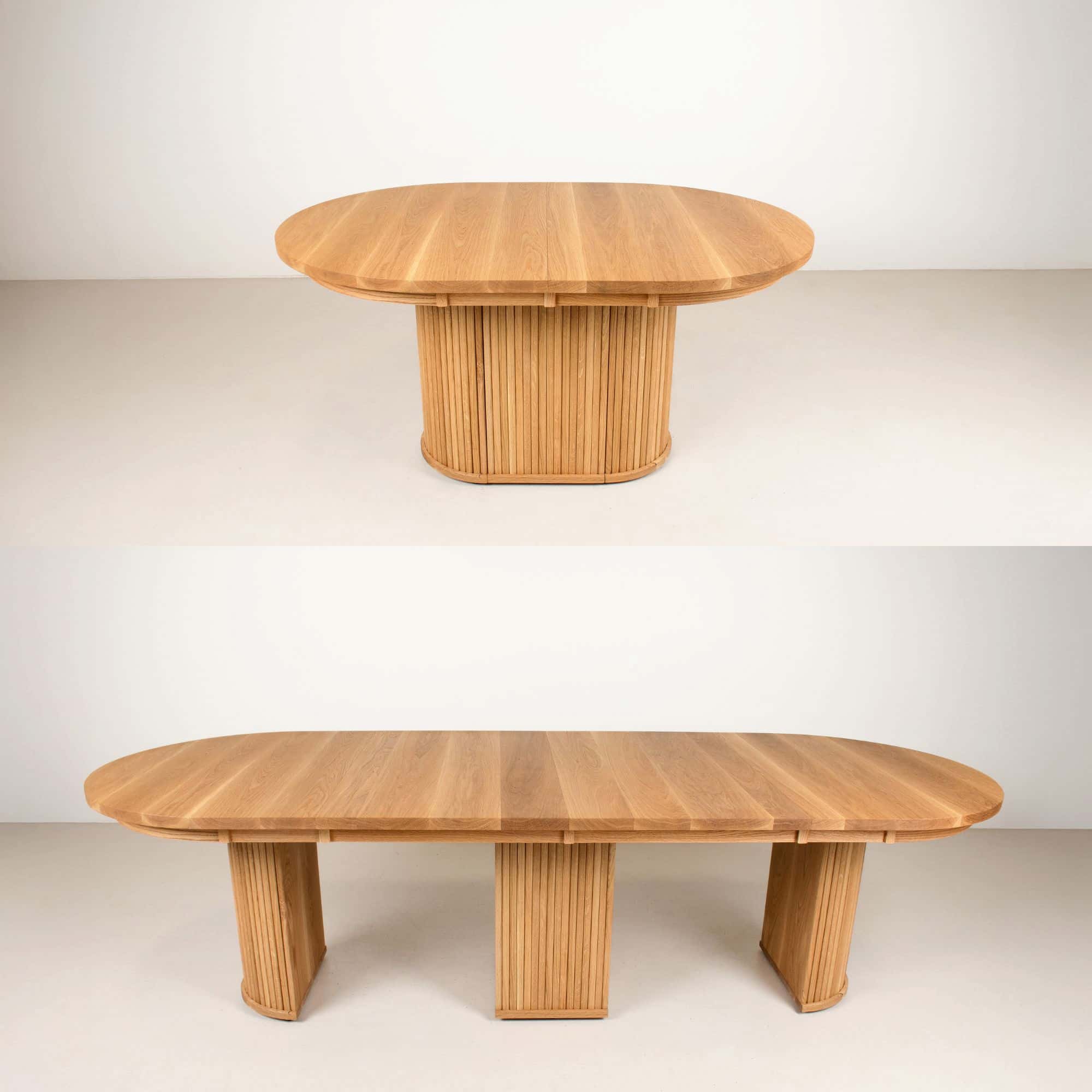 graphic showing an oval table with leaves and without leaves