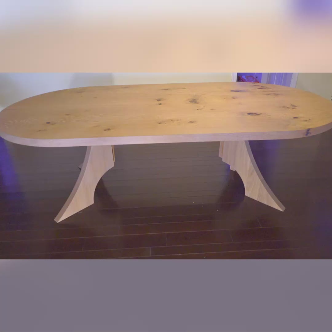 video showing details of racetrack oval bookmatch table