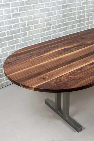racetrack oval table in walnut on nickel legs