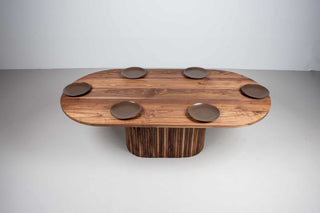 racetrack oval walnut dining table on fluted pedestal base