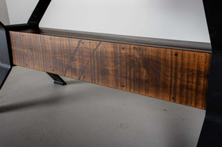 rustic wood table on industrial beam base