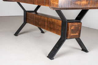 rustic wood table on industrial beam base