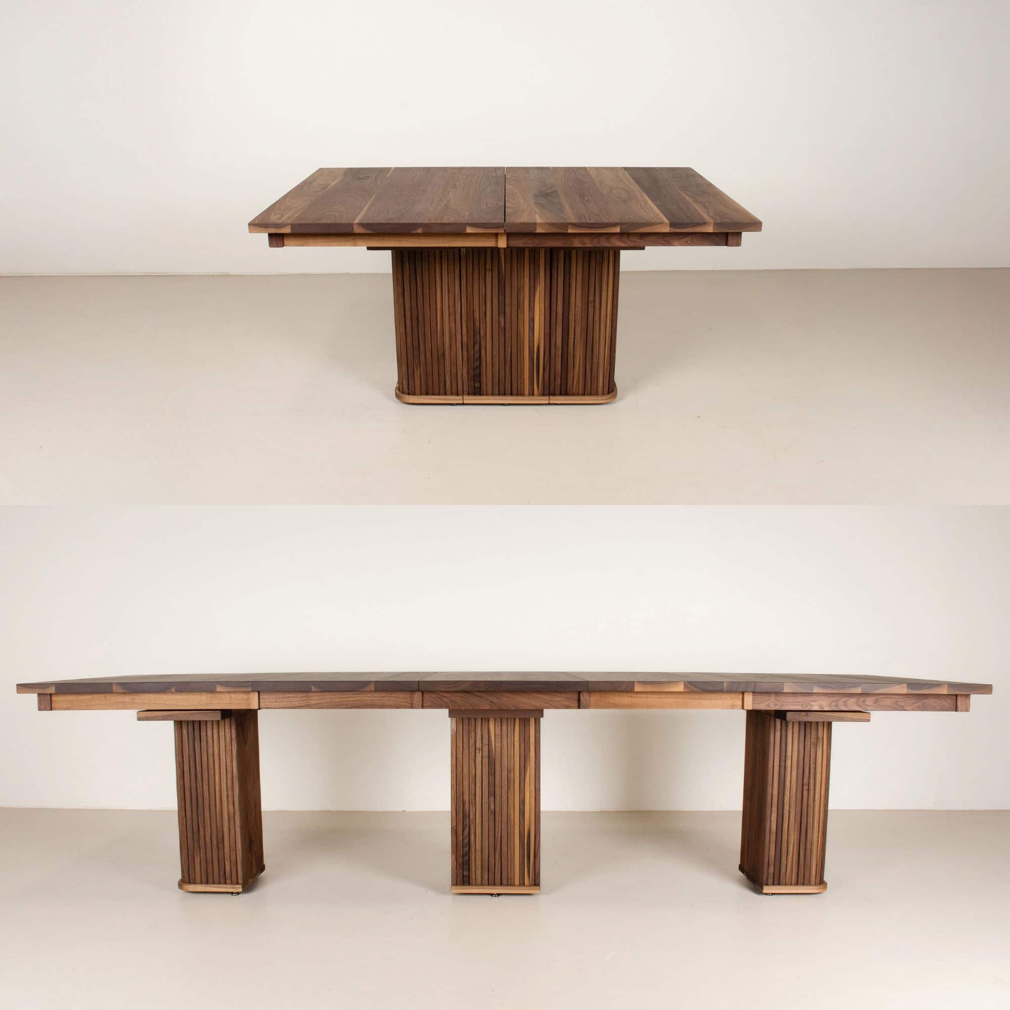 walnut extendable table shown with and without leaves