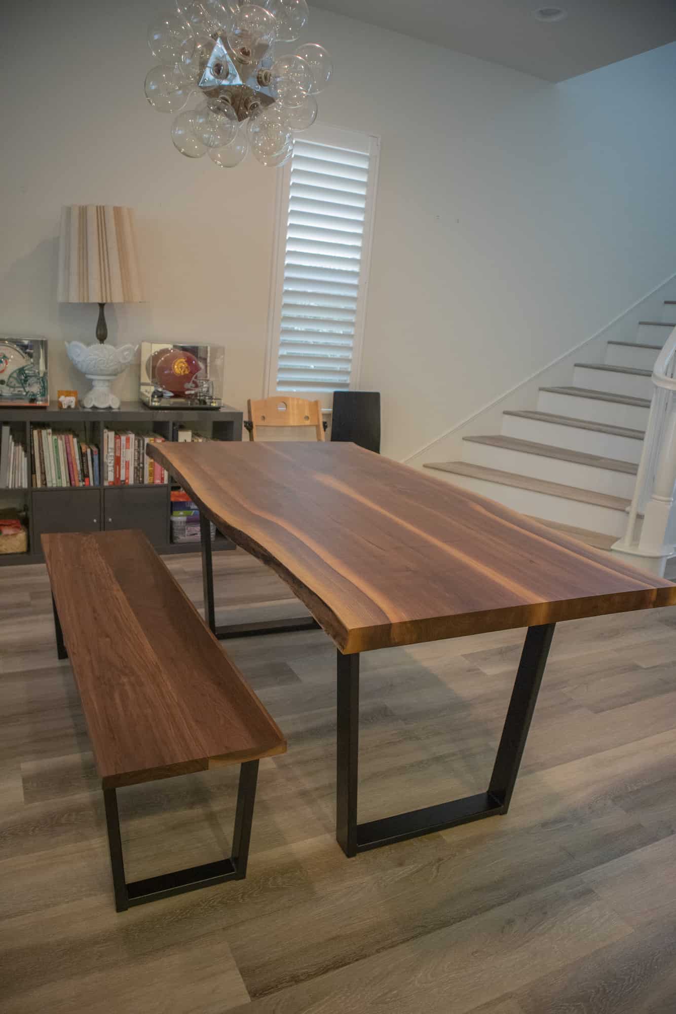 walnut table and bench