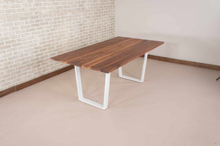 walnut table on white steel angle legs