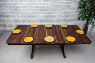 walnut farmhouse extendable table on trestle base