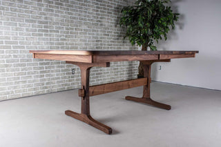 walnut farmhouse extendable table on trestle base