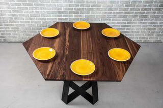 walnut hexagon extendable table on custom steel base