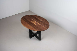 custom kitchen table with walnut oval top on a black ash pedestal base