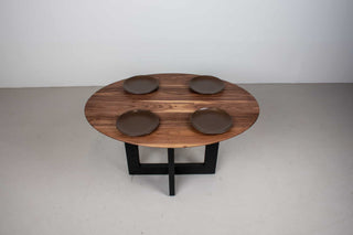 custom kitchen table with walnut oval top on a black ash pedestal base