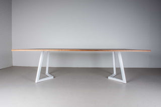 custom walnut ping pong table with maple stripe on white steel legs