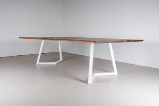 custom walnut ping pong table with maple stripe on white steel legs