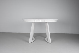 small white ash extendable oval dining table on curved chevron legs