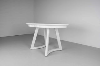 small white ash extendable oval dining table on curved chevron legs