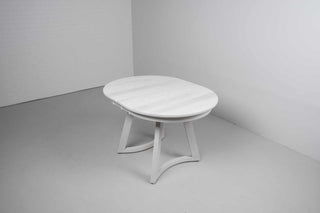 small white ash extendable oval dining table on curved chevron legs