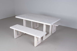 white wood kitchen table with 2 benches