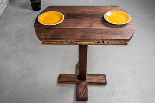round bar height drop leaf table in walnut on custom walnut base
