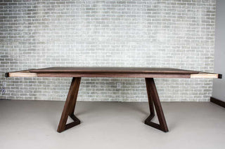 blackened walnut end extension table on walnut chevron legs
