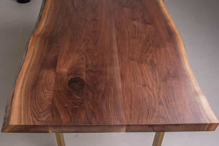 live edge walnut table on gold angle legs