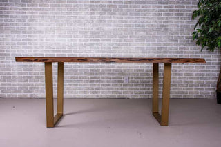 live edge walnut table on gold angle legs