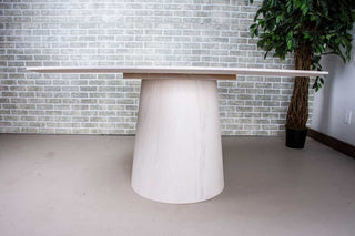 White Oval Table on Wood Cylinder Base