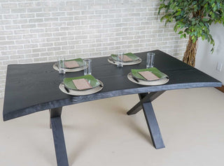 live edge ash bookmatch table on wood legs finished in black