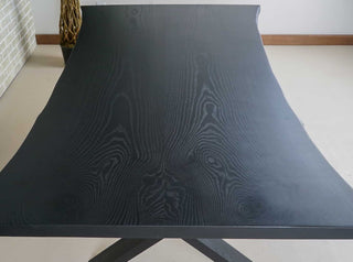 live edge ash bookmatch table on wood legs finished in black
