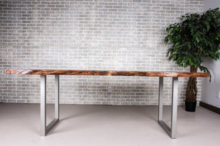 live edge walnut table on square steel legs finished in nickel