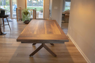 walnut expandable table on upside down Y base