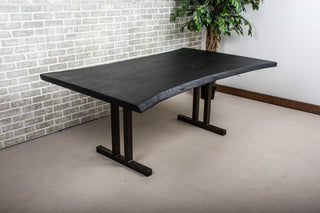 live edge black ash bookmatch table on steel gunmetal Tuttle legs 