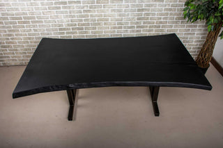 live edge black ash bookmatch table on steel gunmetal Tuttle legs